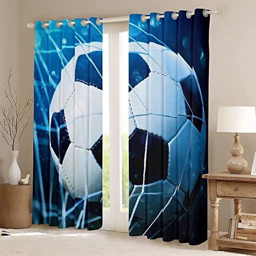 KOEWSN Rideaux Salon Ballon De Foot Bleu 140X160Cm Isolation Thermiques,Tissu Doux Et Infroissable, Double Rideau À Œillets, Pour Chambre Salon Cuisine, Lot De 2