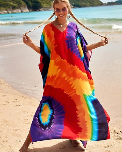 Bsubseach Kaftan Dresses for Women Plus Size Tie Dye Batwing Sleeve Caftans Swimsuit Coverup Maxi Dress Loungewear3
