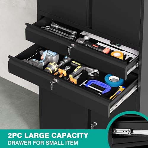 Image of Metal Storage Cabinet with Wheels and Drawers,Rolling Garage Storage Cabinet with Locking Doors and Adjustable Shelves,73 inch Mobile Tall Large Metal Tool Cabinets with Locks for Home,Office,Garage