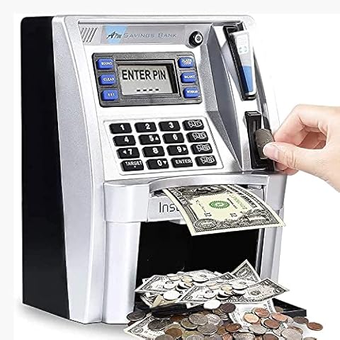 EOBTAIN ATM Piggy Bank for Kids ATM Savings Bank for Boys Adults Mini Black ATM Machine Bank Toy for Real Money Personal Electronic ATM with Coin Reader and Balance Calculator Cover