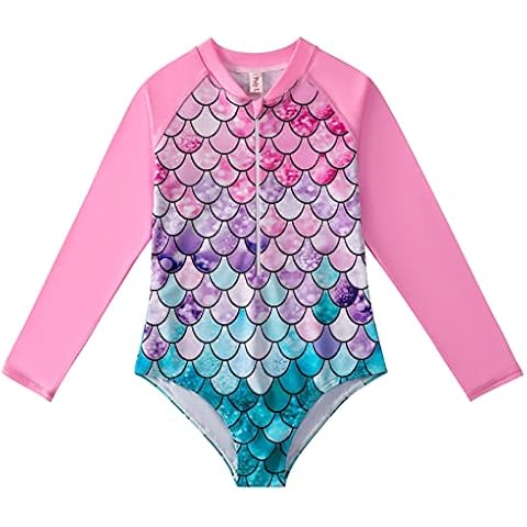 NEOELASIEN Girls One Piece Swimsuits Long Sleeve Rash Guard Zipper Front Bathing Suit Mermaid Cover