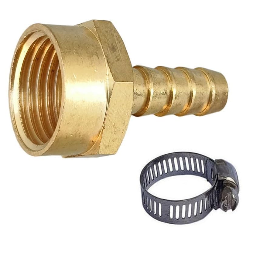 ESEKSAFAR BSP Thread Brass Hose Nipple/Collar (Golden) Barb pipe fitting with Adjustable size SS Hose clamps set (1, 1/2"BSP Female x 10mm barb)-image-18