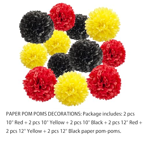 Image of Aimto 12pcs Red Yellow and Black Paper Pom Poms Decorations for Party Ceiling Wall Hanging Tissue Flowers Decorations - 3 Colors of 12 Inch, 10 Inch.