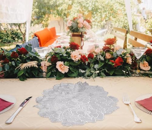 Image of Floral PVC Dining Table Placemats Set of 6 | Non-Slip Heat Resistant Table Mats for Dining Table | Decorative Table Mats for Home, Kitchen & Party Decor | 38 x 38 CM (Silver, Floral)