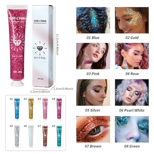 8 Colors Body Glitter Mermaid Face Glitter Gel Festival Rave Accessories Holographic Chunky Glitters Makeup for Hair, Nail, Eyeshadow - Image 3