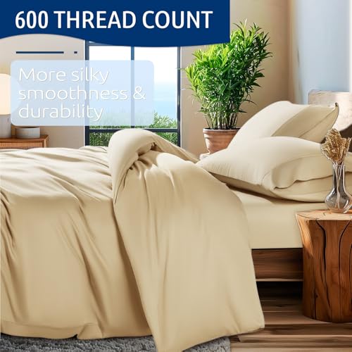 Shilucheng 100% Cotton Queen Size Duvet Covers - 600 Thread Count, Luxury Sateen Weave Egyptian Cotton Comforter Cover with Zipper Closure & Corner Ties,Hotel Bedding Duvet Covers 3 Piece (Beige)