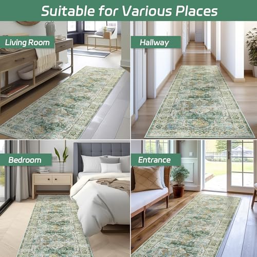 Madane Runner Rugs for Hallway 2x10 Long Washable Non-Slip Hallway Runner Rug Low-Pile Stair Kitchen Runner Soft Throw Carpet for Entrance Living Dining Laundry Room (Green, 2 x 10)