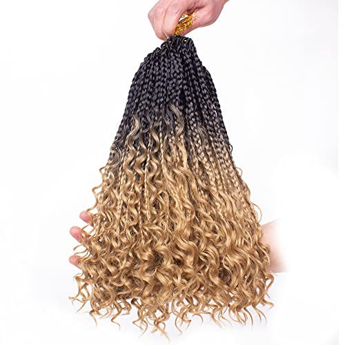 COOKOO 8 Pack Boho Box Braids Crochet Hair for Black Women 14 Inch Bohemian Afro Crochet Hair Twist Synthetic Goddess Box Braids Curly Ends Pre Looped Ombre Burgundy Braiding Hair 128 Strands RS27#