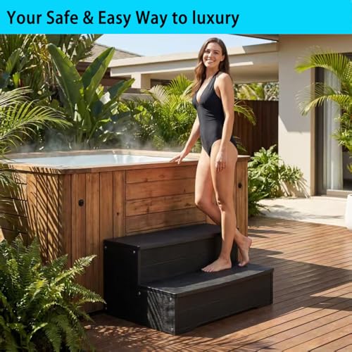 Image of Black Hot Tub Steps,Outdoor Steps with 25 Inch Long, Multi-Purpose Steps for Above Ground Pool, Spa, Deck & Porch Outside, Waterproof Non-Slip.Heavy Duty Spa Steps Werght Capacity 600 LBS