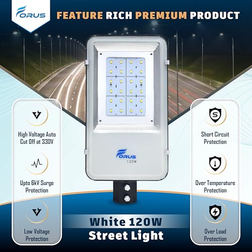 Image of Forus LED Street Light 120W Waterproof IP66 Outdoor White Lamp for Home Garden Parking Lot Road Pathway Highway Warehouse Factory Yard Driveway Pole Mounted LED Streetlight 5 Years Warranty 1Pc