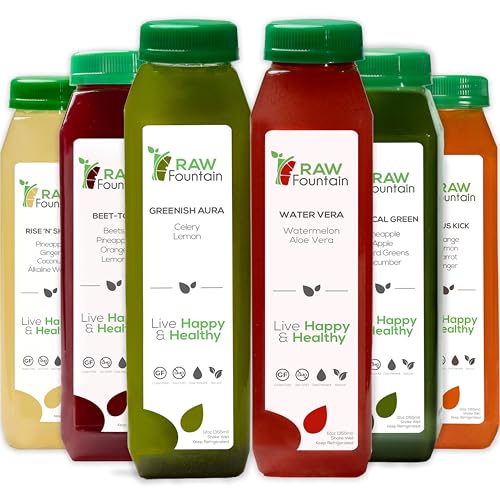1 Day Juice Cleanse by Raw Fountain, Tropical Flavors, All Natural Raw, Cold Pressed Fruit and Vegetable Juices, Detox Cleanse, Kosher, Vegan, NO Sugar Added, 6 Bottles 12oz