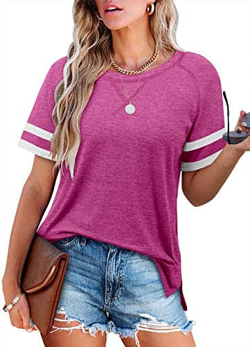 Angerella T Shirts For Women Cotton Round Neck Summer Casual Tops Short Sleeve Baseball Tee Shirt Hot Pink S #TOP1