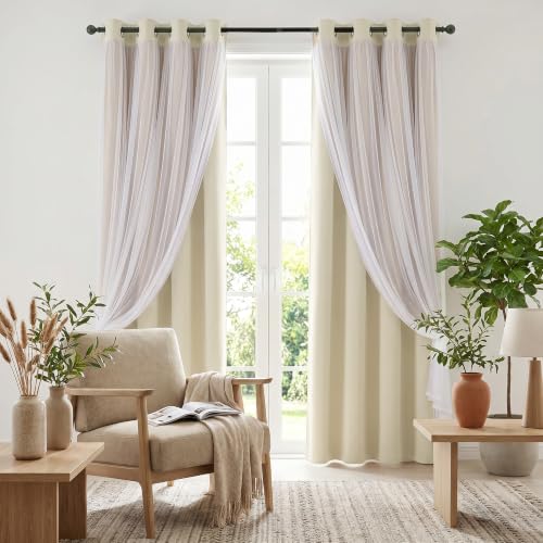 Image of DWCN Blackout Curtains with Sheer Overlay 63 Inch Long, Light Beige, 2PCS | Mix & Match Double Layer Window Panels for Bedroom Living Room Drape, Grommet Top, 52 inch Wx63 inch L