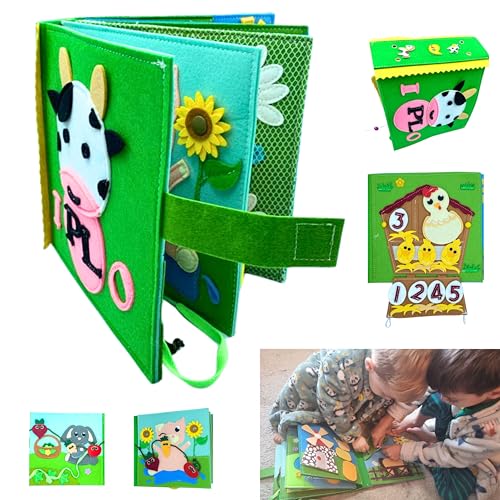 IPLO Libro Sensorial Montessori Granja 10 páginas + marioneta de Dedo Vaca Lola, Juguetes Montessori,. Busy Book. Quiet Book Montessori, Libros Interactivos Montessori,Regalo niño y Regalo niña
