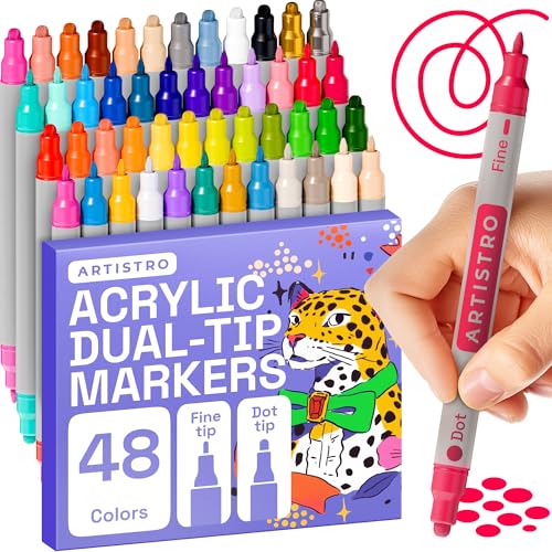 Image of ARTISTRO 48 Acrylic Paint Markers for Rock, Fabric, Wood, Glass, Eggs - Dual-Tip Paint Pens for Coloring Books for Adults, Teens, Kids - Art & Craft Supplies - Gift Idea - Easter Basket Stuffers