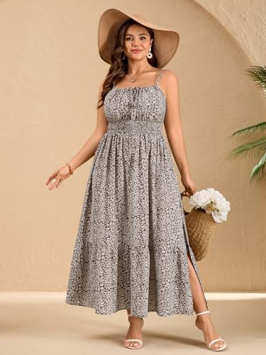 Image of SCOMCHIC Plus Size Summer Boho Dresses Spaghetti Strap Sleeveless Casual Sundress Smocked Flowy Slit Beach Maxi Dress