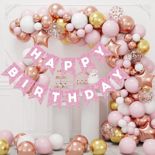 Image of Hooqict Happy Birthday Banner Pink Birthday Decorations for Girls Women 1st 2nd 3rd 13th 21th 30th Pink Party Banner Garland Sign Party Supplies Wall Porch Door Hanging Decor