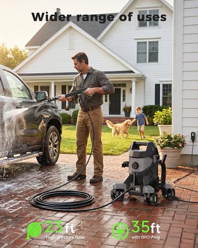 Image of Pressure Washer, Power Washer with External Foam Cannon,35FT GFCI Cord | High Pressure Washer with 4 Lockable Wheels & 4 Quick Connect Nozzles for Car Wash, driveway, deck, concrete,fence