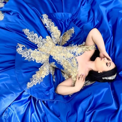 Princess Satin Quinceanera Dresses Gold Lace Sweet 16 Dresses Off The Shoulder Applique Long Ball Gown with Train3