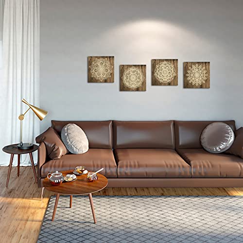Homeoart Boho Wall Art Mandala Wall Art Rustic Bohemian Art Picture Framed Artwork Yoga Room Bedroom Bathroom Retro Yoga Room Wall Decor 12"X12"X4 Panels #TOP2