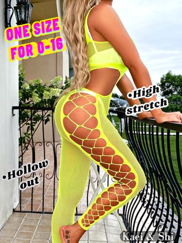 Kaei&Shi Rave Outfits Jumpsuit For Women, Sexy Curvy Fishnet Mesh Bodysuit,Exotic Dancer Body Suit, Glow Dark Sheer Lingerie3