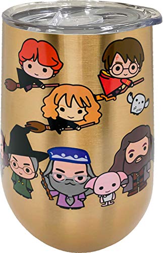 Image of Spoontiques Harry Potter Stainless Steel Wine Tumbler with Locking Lid, 16 Oz - Hogwarts Characters in Cartoon