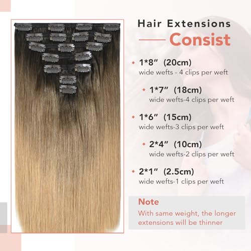 Clip In Human Hair Extensions Double Weft Brazilian Hair 120g 7pcs Dark Brown Fading to Chestnut Brown and Ash Brown Highlighted Full Head Silky Straight 100% Human Hair Clip In Extensions 18 Inch