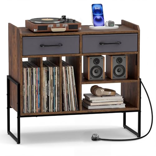 Meuble hifi pour salon avec support tourne-disque étagère ajustable et tiroirs