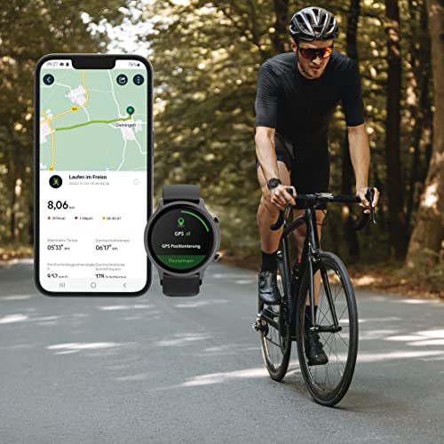Hama Smartwatch 6910 wasserdicht m. GPS-Tracker, großes Display (1,28 Full-Touch LCD-Chronograph, GPS-Laufuhr m. Blutsauerstoff- und Pulsmesser, Sportuhr Herren, Schlaftracker, Fitness-Uhr) schwarz