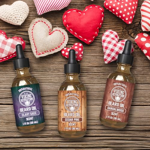 Viking Revolution Beard Oil for Men 3 Pack - Natural Mens Beard Oil Variety Set - Sandalwood, Pine and Cedar, Clary Sage Scents - Beard Conditioning and Moisturizing for a Healthy Beard (3 Pack, 1oz)