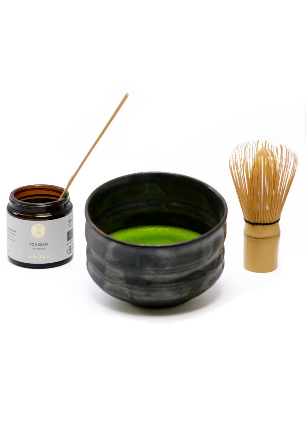 Kaizen® Ichiban Matcha Set (4 piezas) - Té Matcha Orgánico Ceremonial de Concurso, cuenco de té Chawan hecho a mano, batidor y cuchara - Set completo para principiantes y conocedores