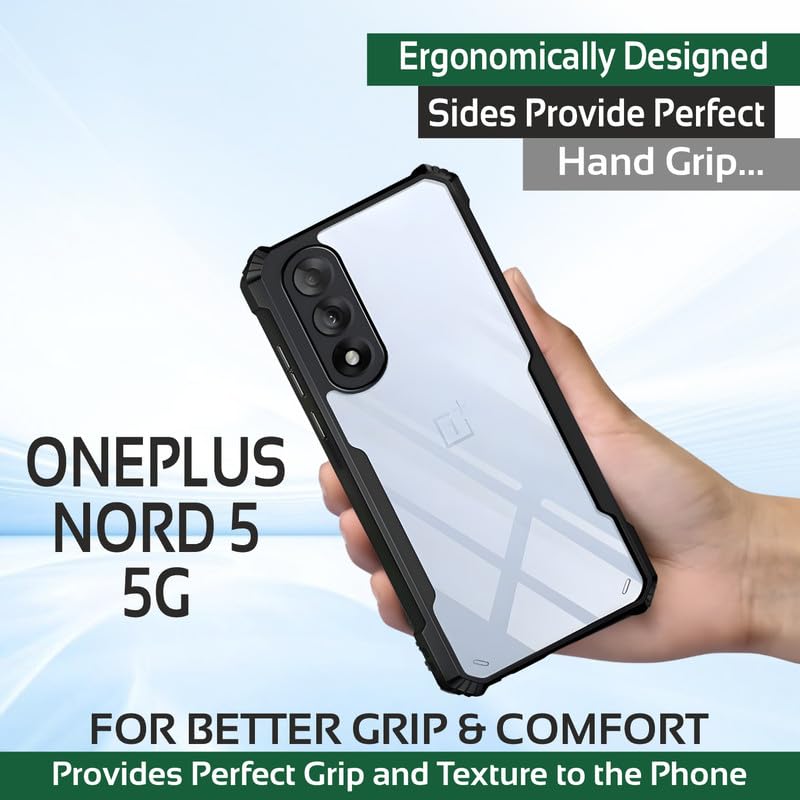 Image of AIBEX Compatible for OnePlus Nord 5 5G Mobile Back Case Cover, Crystal-Clear Shockproof Bumper with Camera Guard | 360 Hybrid Protection (TPU+PC) | Anti-Yellow, Slim Transparent - Black
