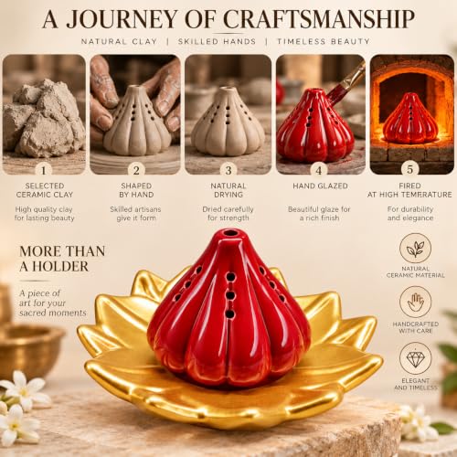 Image of SIGNAMIO Ceramic Sambrani Dhoop Doopam Dhupam Stand Holder - Gold Red