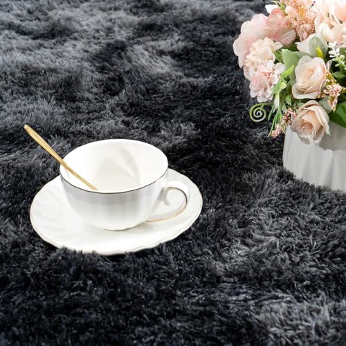Tie-Dyed Black Rugs for Bedroom 2x6 ft - Ultra Soft Faux Fur Area Rug - Plush Non-Slip Shaggy Carpet for Living Room, Cozy Fluffy Rug for Kids Boys Girls Dorm Nursery Room, High Pile Floor Carpet