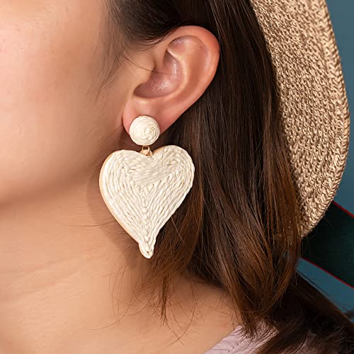 Statement Boho Earrings Heart Raffia Wrap Earrings Cute Handmade Dangle Earrings Colorful Bohemian Drop Dangling Earrings For Women Teen Girls(Ivory) #TOP5