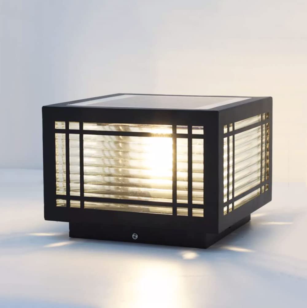 Solar Post Light Fixture Exterior Pillar Light with LED Solar Power Column Caps Lamps Aluminum Waterproof Glass Fence Post Caps Lights Black Square Outside House Yard Lawn Deck Post Lanterns