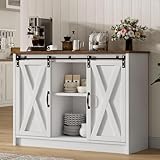 4 EVER WINNER Coffee Bar Cabinet with Sliding Barn Doors, 42”Farmhouse Buffet Cabinet with Storage for Kitchen, Coffee Bar with Adjustable Shelf for Dining Room, White