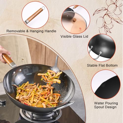 WANGYUANJI Iron Wok,14.2 inch Woks for Stir-fry, Chinese Stir Fry Pan Uncoated, Traditional Flat Bottom Iron Pot for Induction, Electric, Gas, Suitable for All Stoves(Pure Iron Wok)
