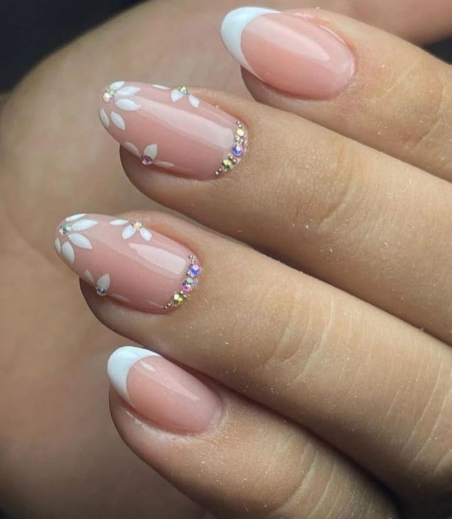 Artificial Nails: Glossy Nude Floral With AB Rhinestone/Shape Oval (Set of 12 with nail glue, nail file, cuticle pusher, cleaning wipe)-picture-34