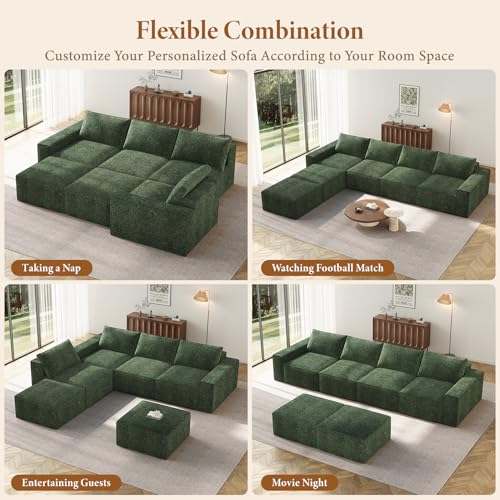 Image of Vesgantti 145.6 inch Modular Boneless Couch, Modern U Shaped 6 Seater Sectional Sofa with 2 Ottoman & Deep Seat, Convertible Chenille Cloud Couches for Living Room, No Assembly Required, Green