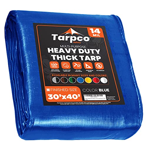Image of Extra Heavy Duty 14 Mil Tarp Cover, Waterproof, UV Resistant, Rip and Tear Proof, Poly Tarpaulin with Reinforced Edges for Roof, Camping, Patio, Pool, Boat (Blue 30′ X 40′)