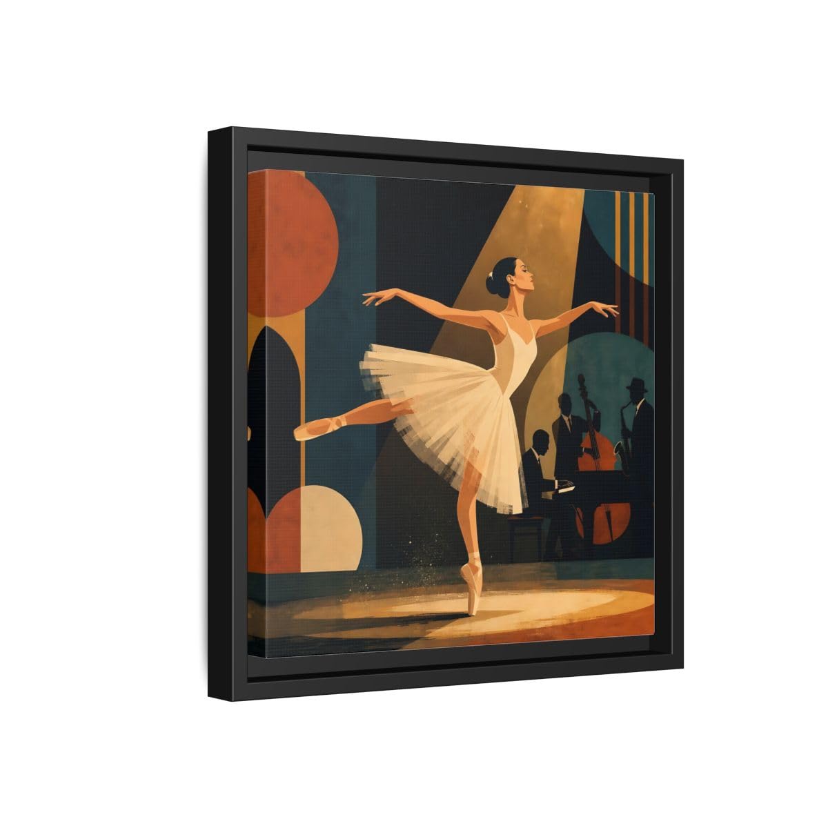 Vintage Ballerina Jazz Framed Canvas Print Wall Art – Deco Living Room, Above Console Table 12×12 inch (30×30 cm) - Square/Black / 1.25 inch (3 cm)