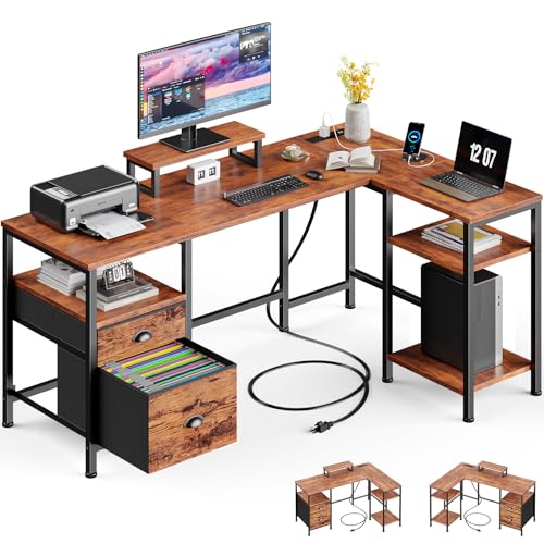 Furologee L Shaped Computer Desk with Power Outlet, Reversible Home Office Desk for Work Study, 50 Inch Corner Gaming Table with File Drawer, Monitor Stand, Storage Shelves, Rustic Brown