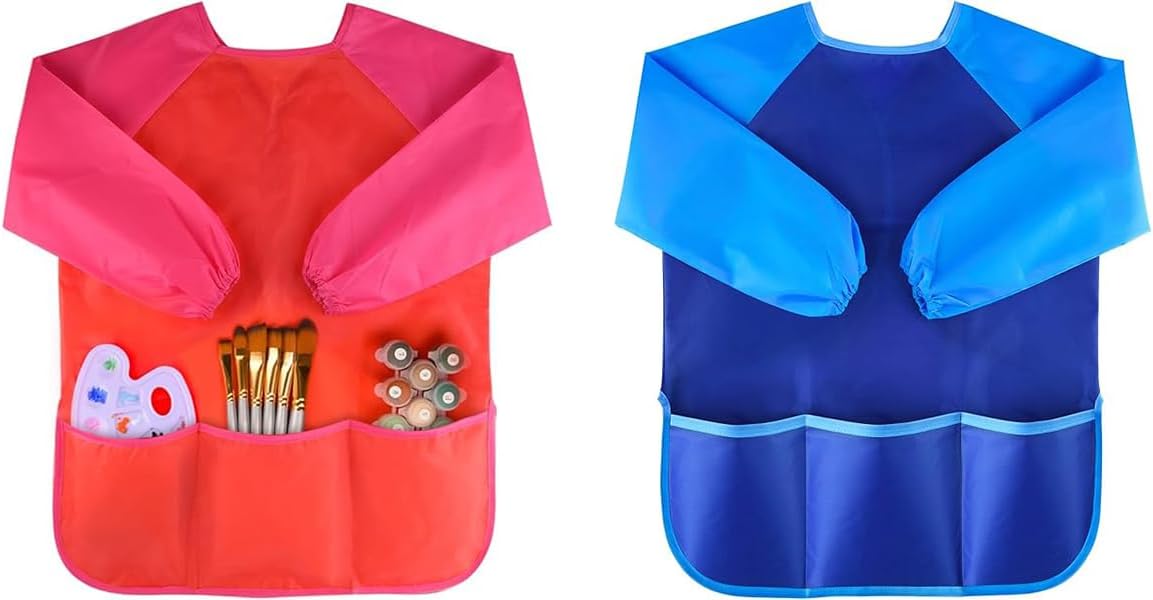 Waterproof Play Apron Art Smock with 3 Roomy Pockets - 2 Pack Painting, Baking, Feeding Smock (Paints and Brushes not Included), Blue&red