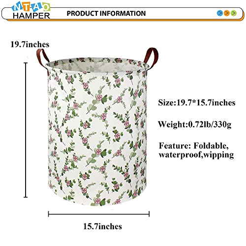 Image of NTAOHAMPER Large Round Canvas Linen Laundry Hamper,Waterproof Storage Bin for Books /Clothes, Laundry Basket, Gift Basket(Eucalyptus leaves)