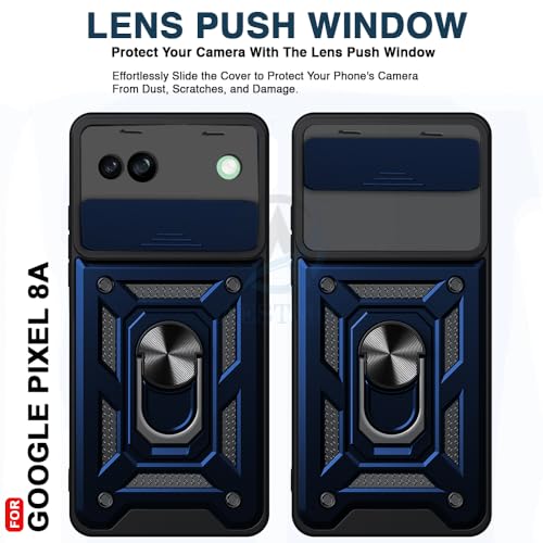 Image of AESTMO Tough Armor Google Pixel 8A Bumper Back Case Cover | Ring Holder & Sliding Camera Shield Cover | 360 Degree Protection Back Case Cover for Google Pixel 8A (Blue)