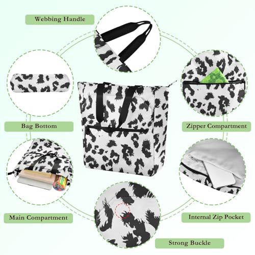 Black Leopard Print Tote Bag for Book Lovers Reusable Bags with Zipper Pocket for School Work Shopping3