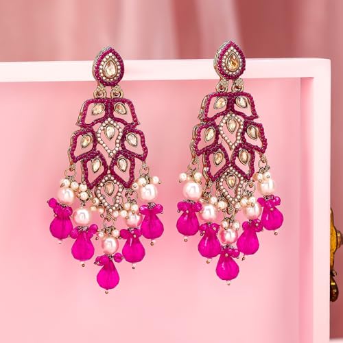 Image of Rubans Long Dangler Earrings Kundan & Pearl Ethnic Jewellery Gift for Women & Girls