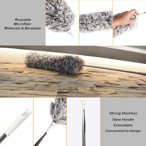 Image of PADAR Ceiling Fan Duster with Long Handle |Microfiber Feather Fan Cleaning Mop, Brush & Dusting Stick | Extendable Dusting Brush & Mop for Ceiling Fans, Walls & Kitchens, Grey, 30 L x 3 W Centimeters