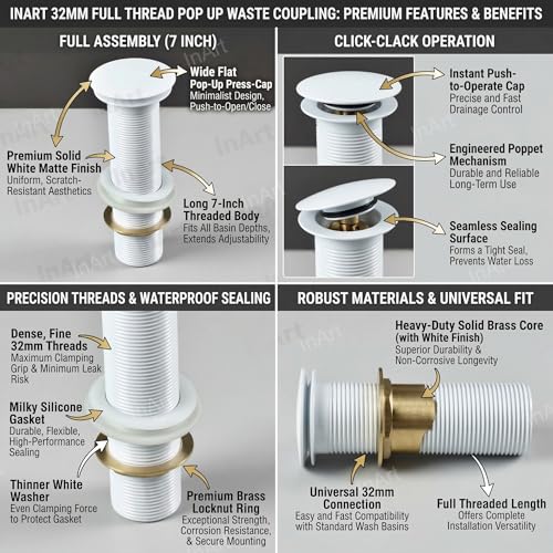 Image of InArt Brass Pop Up Waste Coupling 32MM White Matt, Easy Press Anti-Foul for Table Top Basin, Fits All Basins, Brass, 7 Inch - (White 2)
